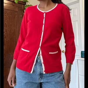 Talbots Red Cardigan Sweater White Trim Pockets Button Front Women’s Sz MP Retro